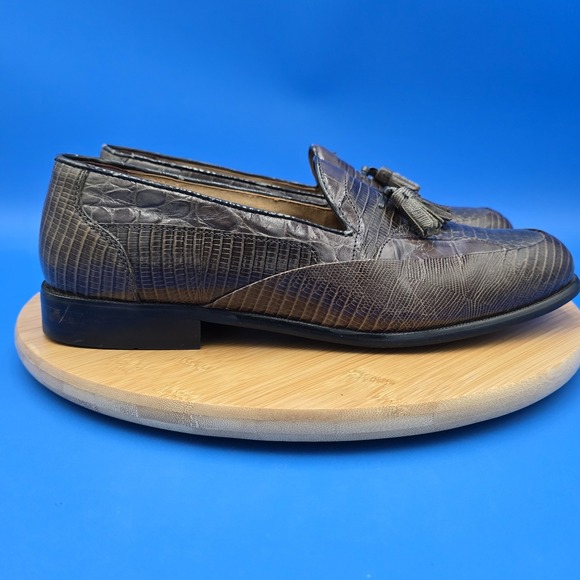 Vintage Stacy Adams Genuine Snake and Leather Tassel Loafers Men's 10.5M‎ Gray - Picture 1 of 14